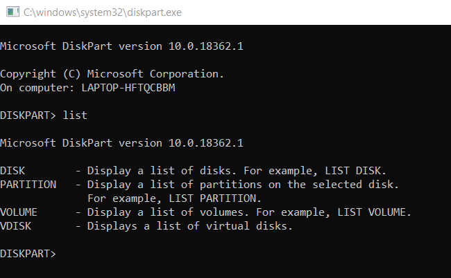 Diskpart List Command